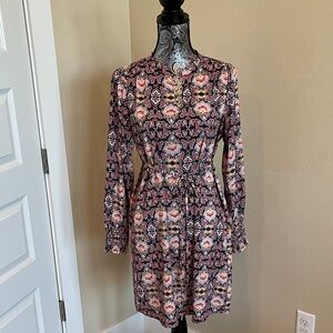 LOFT Long Sleeve Multicolor Dress with Tie Sash Size Small